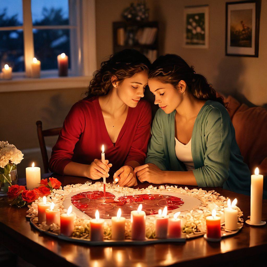 A heartfelt scene depicting two people engaged in a creative activity, surrounded by symbols of love such as intertwined hearts, blooming flowers, and glowing candles. The atmosphere should radiate warmth, intimacy, and connection, suggesting a bond that grows stronger through shared experiences. Soft, romantic lighting enhances the emotional depth of the moment. painting. warm colors. soft focus.
