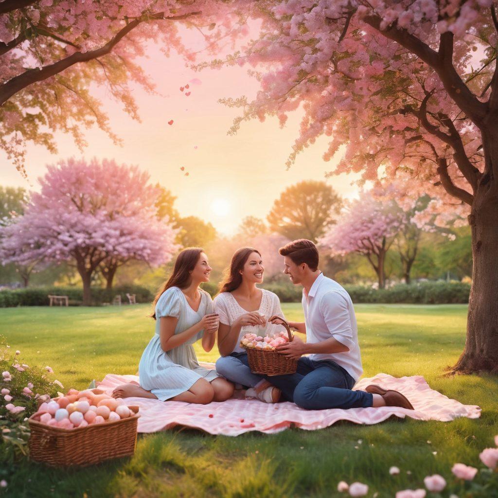 A warm and cozy scene of a couple sharing a picnic in a sunlit park, surrounded by blooming flowers and soft greenery. They are laughing and gazing into each other's eyes, with a basket of heart-shaped treats beside them. Soft glowing hearts float around them, symbolizing their connection. The sky is a soft pastel gradient, enhancing the romantic atmosphere. super-realistic. vibrant colors. soft focus.