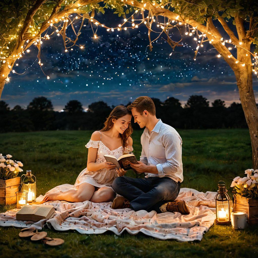 A romantic scene depicting a couple sharing a heartfelt moment under a starlit sky, surrounded by soft glowing fairy lights and blooming flowers. The setting conveys warmth and intimacy, showcasing elements of courtship such as a picnic blanket, wine glasses, and a book of love poems. The couple is in a loving embrace, illustrating the journey from courtship to companionship. super-realistic. warm colors. soft focus.